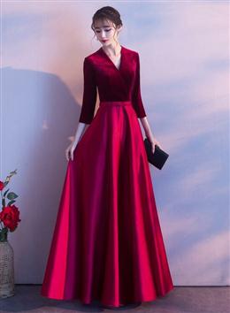 Picture of Dark Red Color Satin and Velvet Simple Long Wedding Party Dresses, Dark Red Color Evening Dress Formal Dress